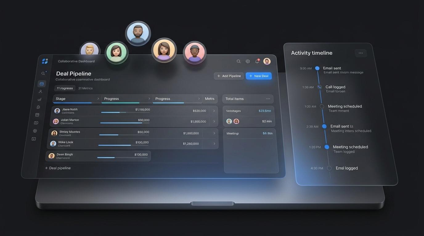 Sales pipelines Kanban with deals linked to conversations